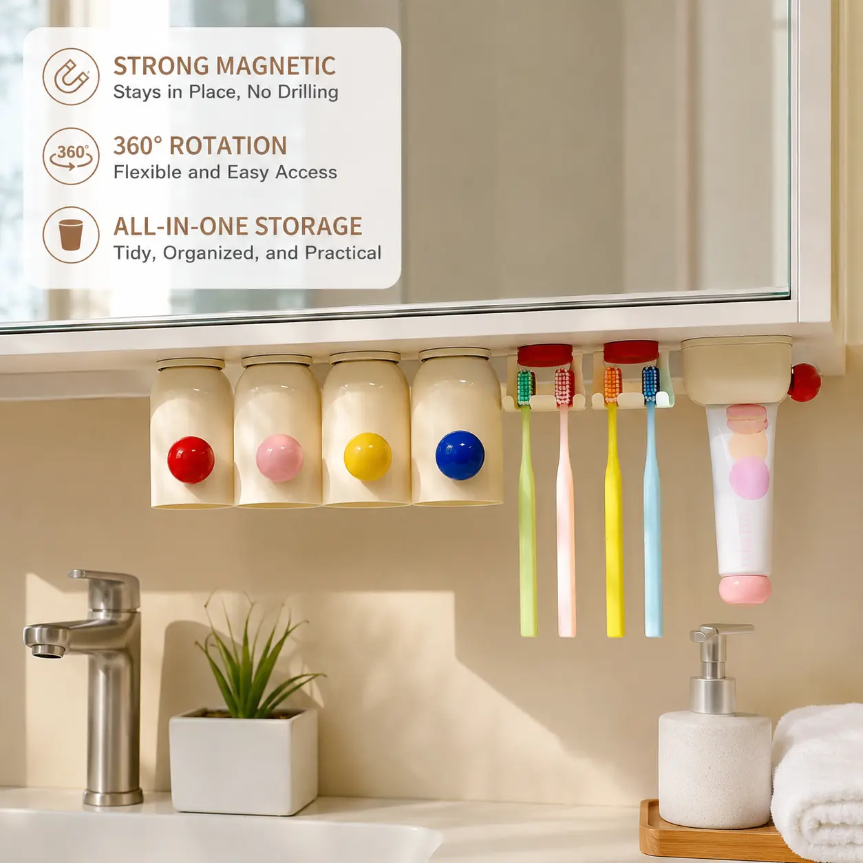 Wall Mounted Magnetic Toothbrush Holder Set - 1 Count, Cream White Cup, Color-Coded Knob, Toothpaste Squeezer, Built-In Magnet, Water Drainage for Bathroom Daily Storage