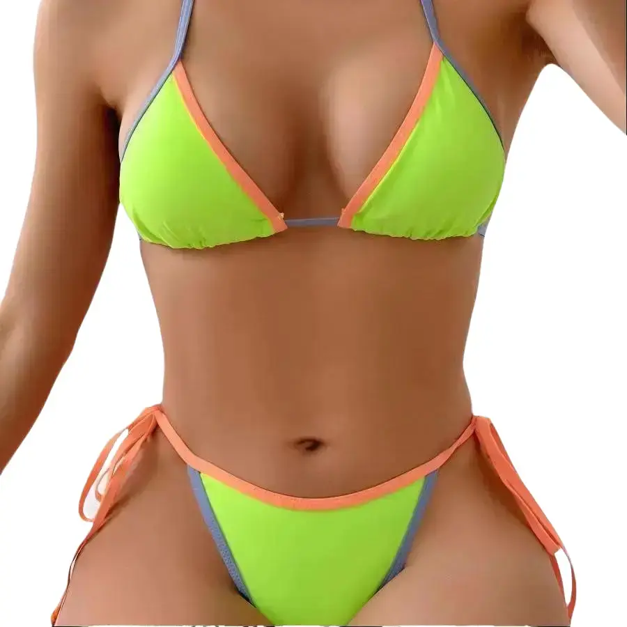 CALI CHIC Women's Colorblock Print Halter Neck Triangle Swimsuit - Adjustable Straps, Padded Cups, Flattering Cut, Female Swim Suit for Beach Outings