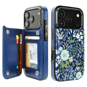 for iPhone 17 Pro Wallet Case with Card Holder PU Leather RFID Blocking Design iPhone 17 Pro flip case for Women Men Magnetic Clasp Kickstand Design 6.3 inch (Blue Daisy)