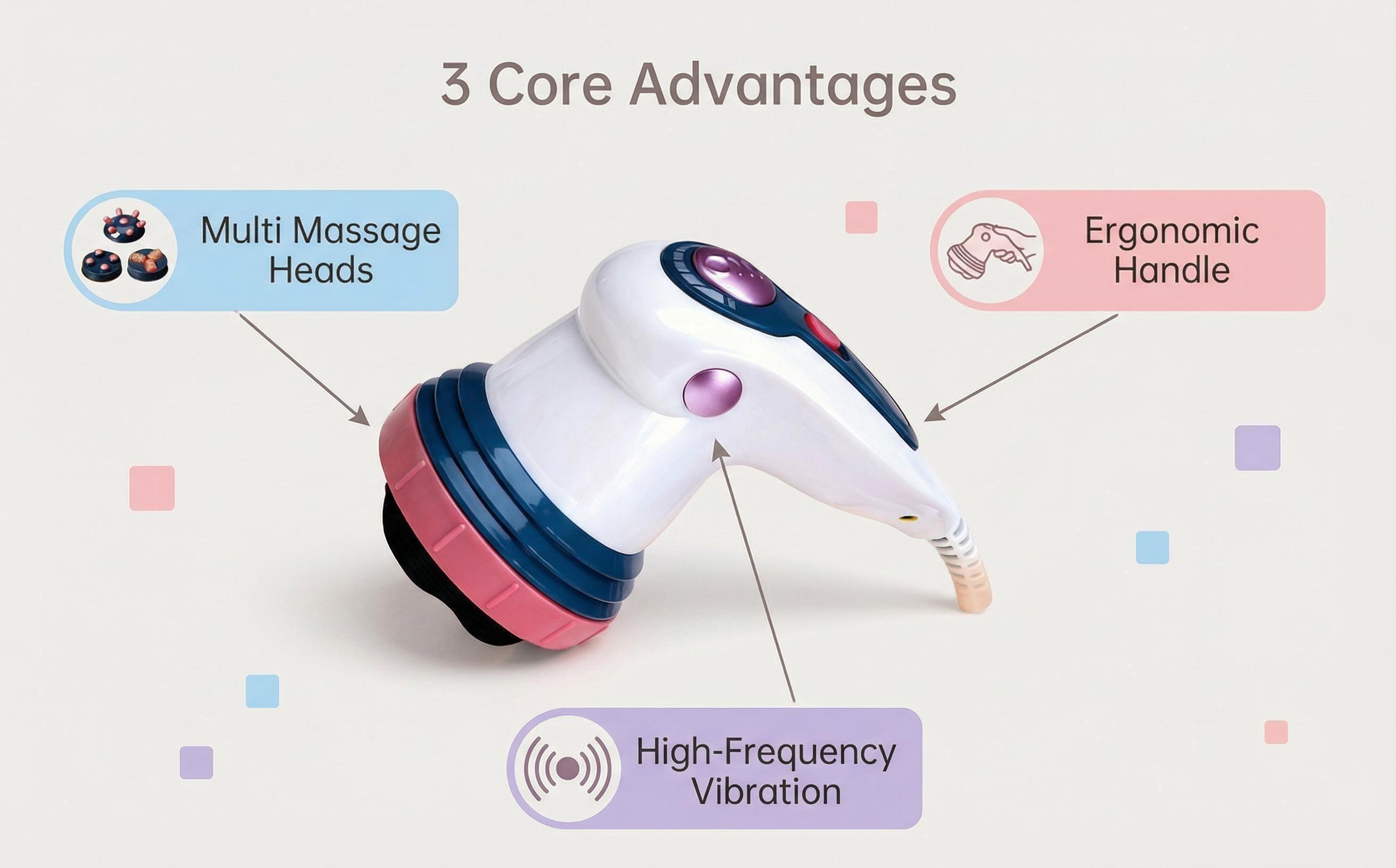 Multi Purpose Handheld Electric Massage Tool 3 Adjustable Speed Levels 3 Detachable Replacement Heads High Frequency Vibration Stable Holding Design Device