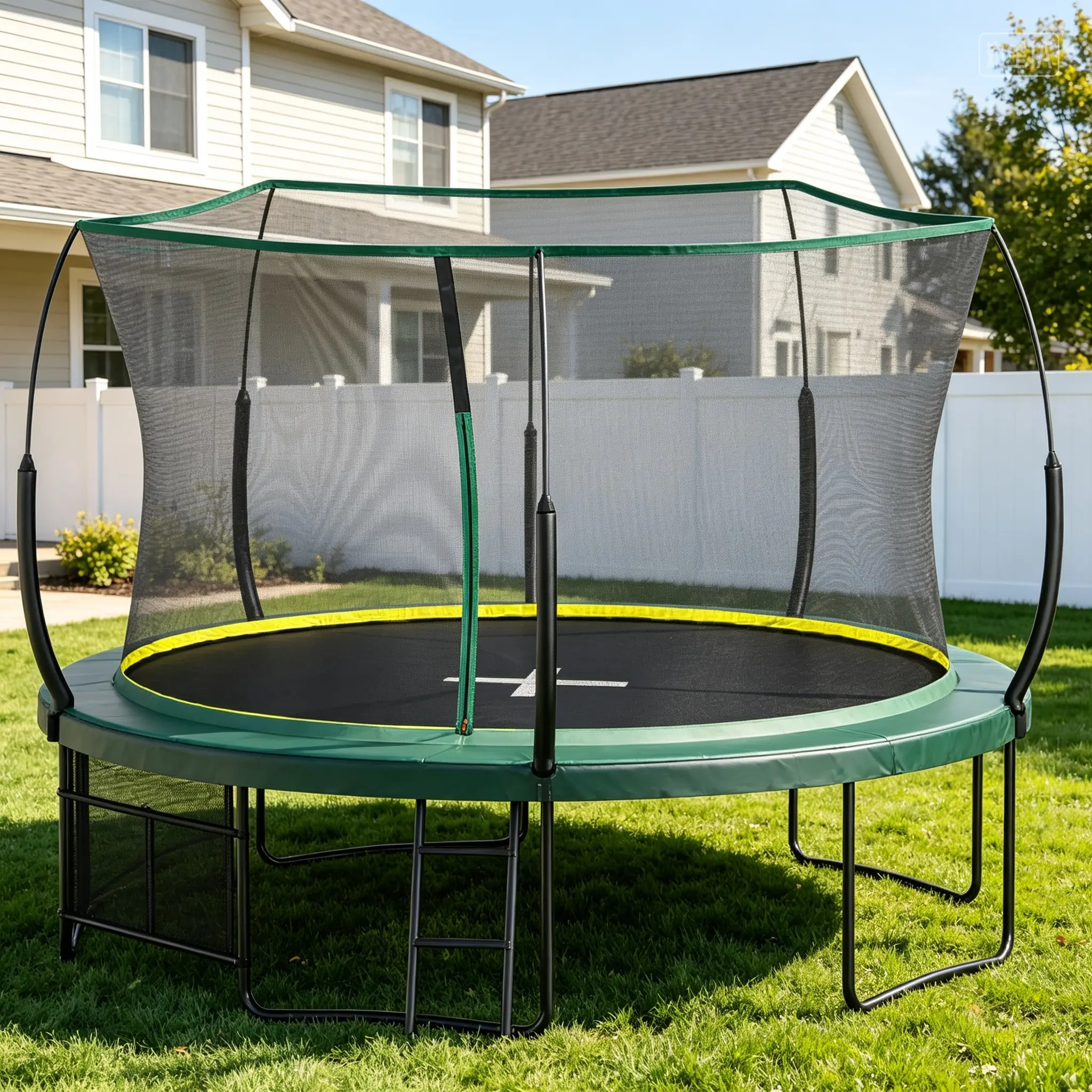 12ft Springfree No-Gap Recreational Trampoline, Outdoor Patio Furniture with Safety Enclosure Net, Rust-Resistant Steel Frame, UV-Protected Mat, Easy-Assembly Green Finish