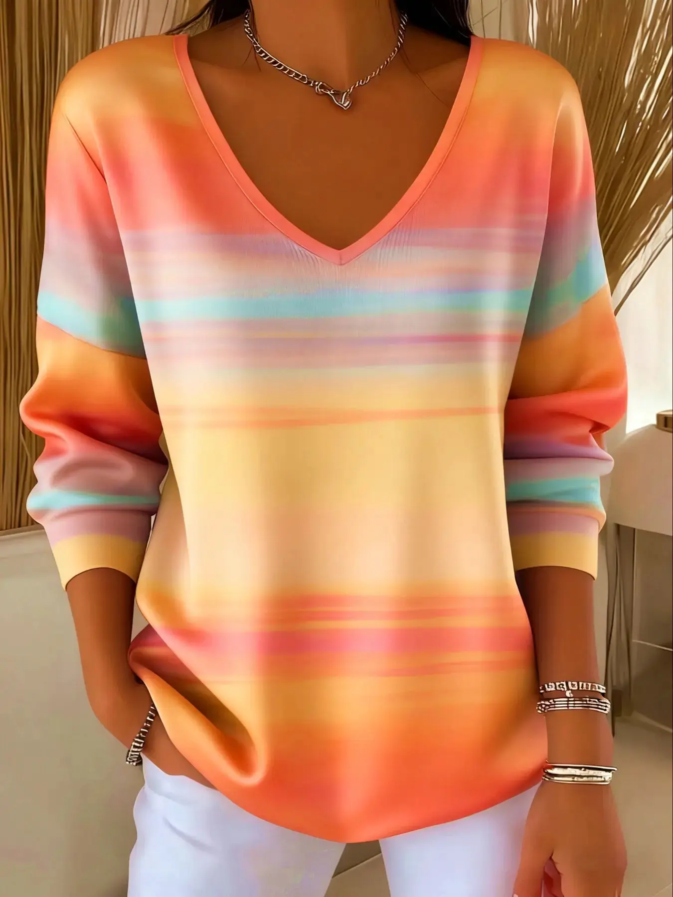 Plus Size Women's Gradient Ombre Print Long Sleeve Casual Fitted Sweater Tops, Womenswear Stylish Statement Knitwear for Fall & Winter, Comfortable Fashion Pullover Piece
