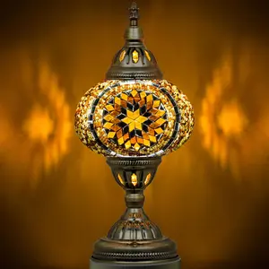 Moroccan Mosaic Lamp Turkish Table Lamp, Handmade Turkish Light with Glass Shard and Bronze Base Including LED Bulb for Living Room Bedroom Decor (Yellow)