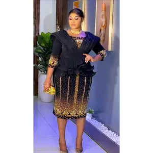 Black Dramatic Ruffle Shoulder Rhinestone-Embellished Peplum Midi Dress: Wedding Guest Cocktail Birthday Dinner