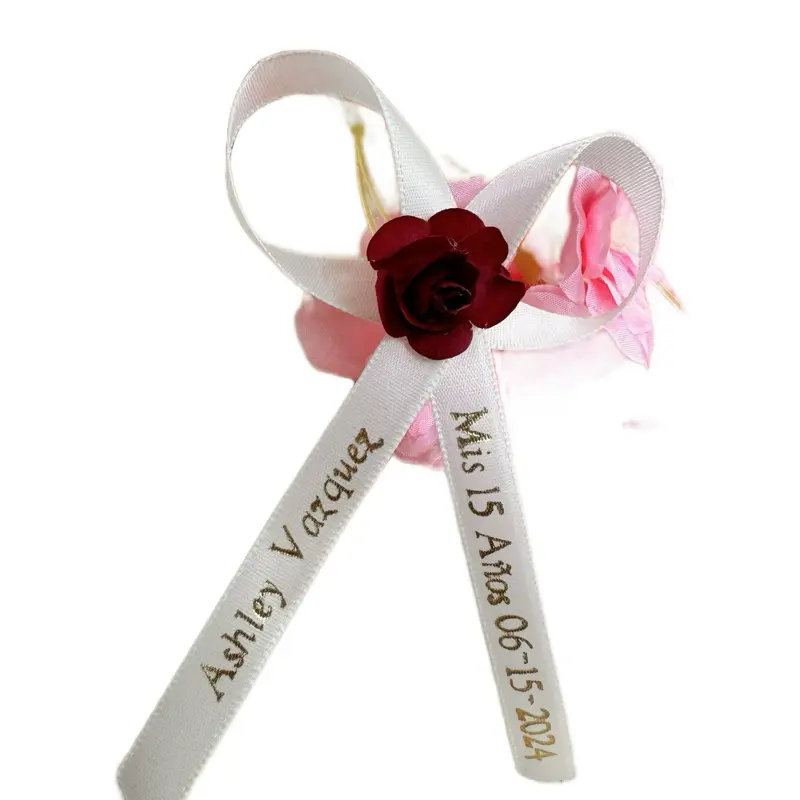 Personalized Quinceañera-Baptism Ribbons with White Rose Accent - Office Stationery Decor, Customizable Wrapping Ribbons with Notes, Emerald Green/Gold, Pink/Gold Writing, Personal Touch Addition, Multiple Colors, Black/Silver Writing