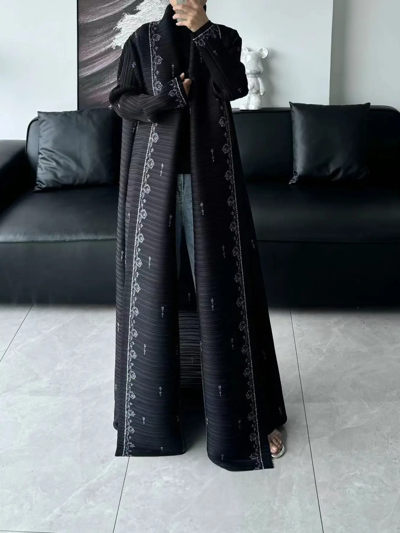 Women's Printed Abaya Dress, Ruched Design, Detachable Waistband, Front Split, Butt Coverage, Slim Fit, Loose Style, All Seasons, Modesty Muslim Clothing, Muslim Dresses, Islamic Modesty Clothes