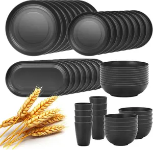 48-Pcs Kitchen Wheat Straw Dinnerware Set, Service for 8, Plastic Reuasble Dinner Dishes Serving Plate Set for Kitchen, Including Dinner Plate, Dessert Plates, Bowl, Cup(Black)