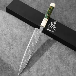 YUANREN 10.5" Pointed Tip Yanagiba 1-Sided Sashimi Knife D7A Stainless Steel Damascus 67 Layers Kataba (Chisel Ground / Single Bevel) Urasuki (Concave Grind / Curved Side) Green Burled Stabilized Wooden Handle Creamy White Pearl-Like Finish Cap and Base