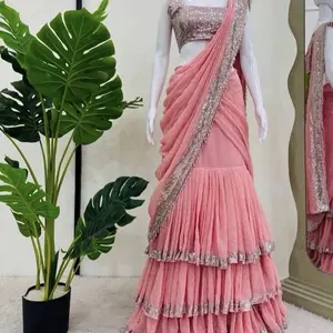 Saree Faux Georgette Full Stitched Draped Style Up to 42 Size with Elastic & Side Zipper Heavy Embroidery Sequins Thread Work with Rivet Moti Blouse Faux Georgette