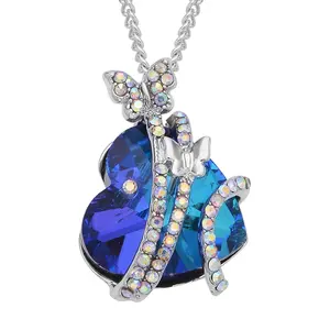 Magic Color Glass and Mystic White Crystal Fancy Heart Pendant Necklace 20-22 Inches in Silvertone