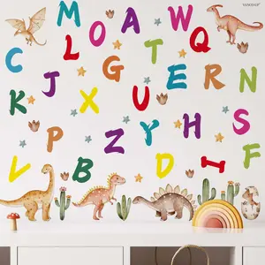 2Pcs/Set Watercolor Dinosaur Alphabet Wall Stickers 30×90cm Early Learning Educational Decor Self-Adhesive Stickers for Bedroom Living Room