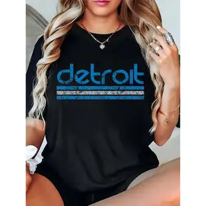 Women's Distressed Detroit Graphic T-Shirt | Black Casual Tee with Blue Stripes, Detroit Pride, Daily Streetwear Fashion 100% Cotton T-shirt