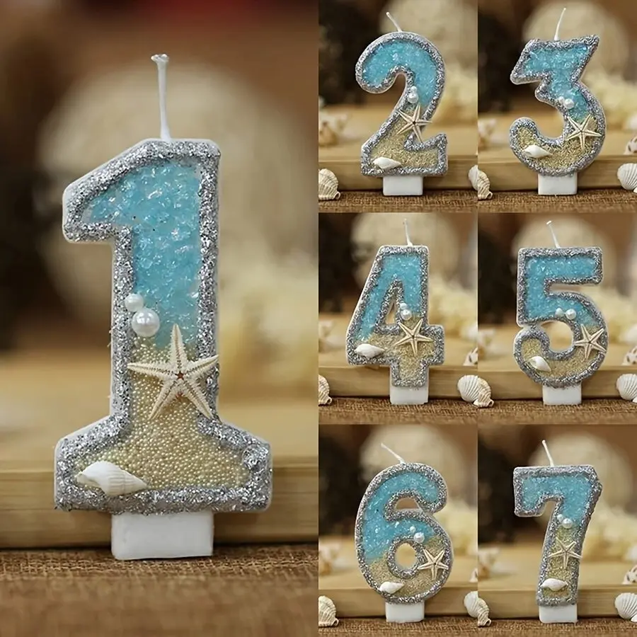 1pc Oceanic Theme Number, Nautical Numbers, Nautical Birthday Candles 0-9 with Starfish and Seashell Decor, Nautical Cake Topper for Beach Party Under the Sea, Glittering Cake Decorations, Marine Party Supplies, Cake Decorating Supplies