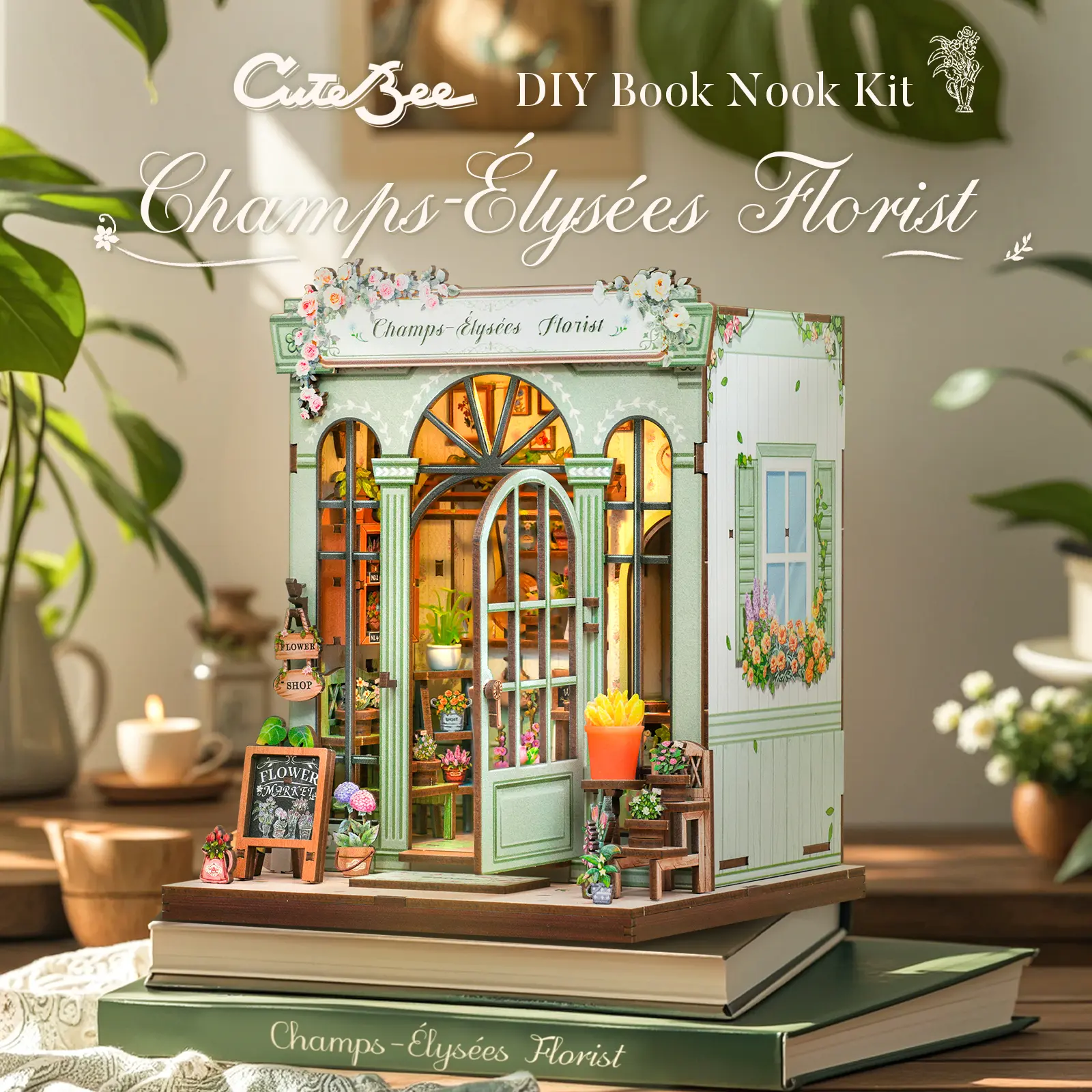 CUTEBEE DIY Book Nook Building Model Kit - 3D Wooden Puzzle Miniature Champs-Élysées Florist House with LED Lights, DIY Assembly Kit for Adults, Home Decor (Black Friday Deal, Christmas Gift)