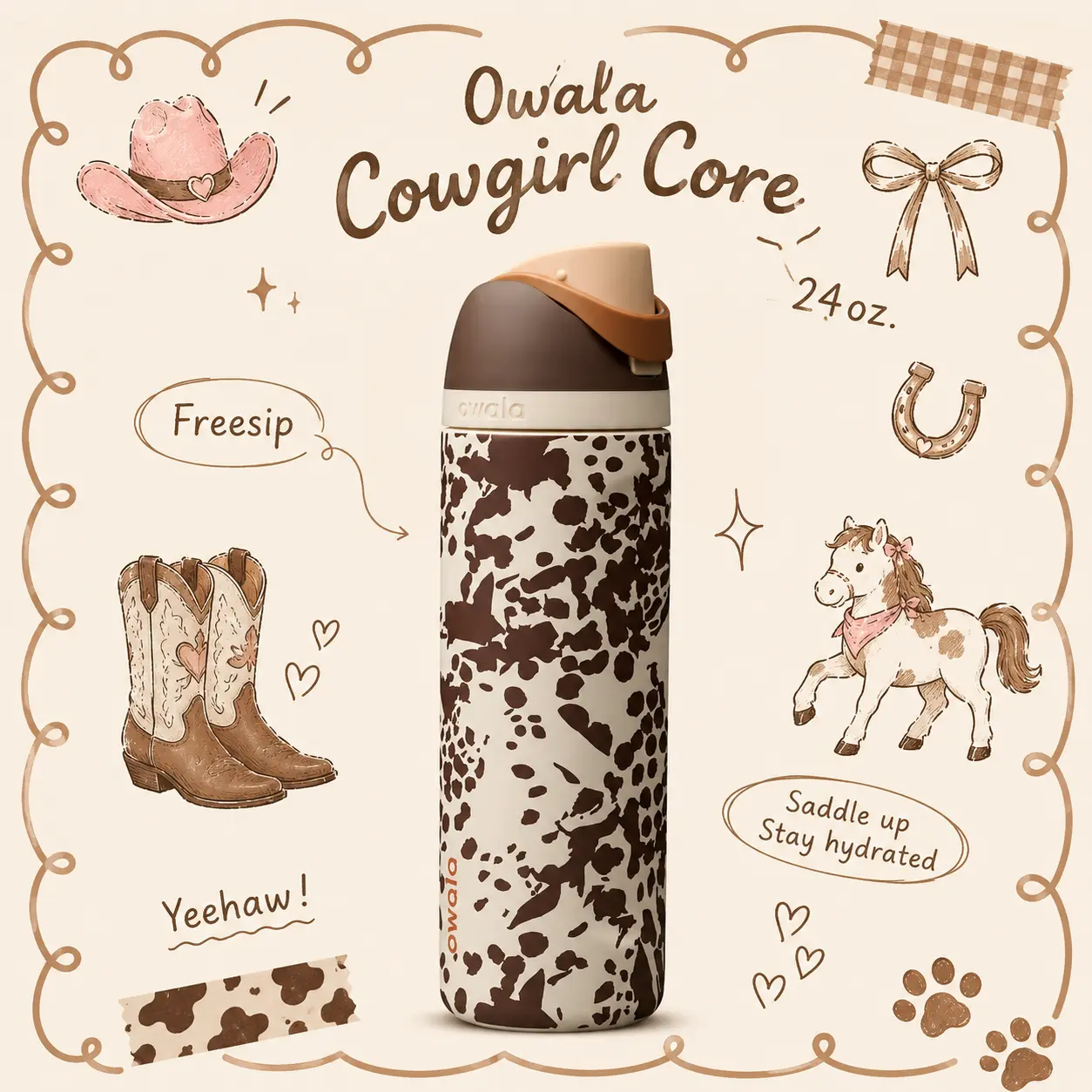 Owala Cowgirl Core 24oz FreeSip Water Bottle – Western Collection Leakproof Insulated Stainless Steel Bottle, BPA-Free Travel Tumbler, Gift for Her