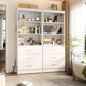 23.6" Storage Cabinet Bookshelf with Charging Station and 3 Wood Drawers, Freestanding Closet System with Storage Shelves, Wardrobe, Closet Rack