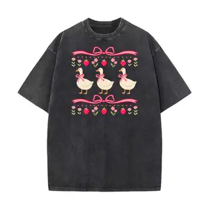 Cute Duck Design Women's T-Shirt With Strawberry And Flower Pattern Spring Summer Casual Wear Perfect Gift For Her Friends Or Family,summervibes