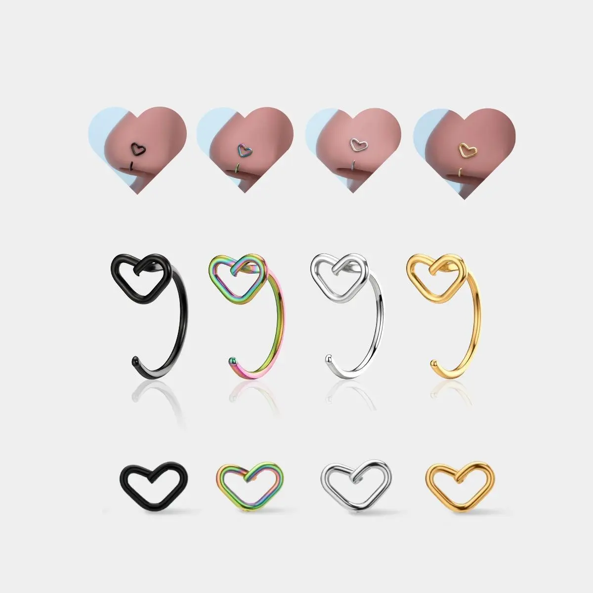 OUFER BODY JEWELRY 4-Piece 20G Stainless Steel Nose Rings Set, Romantic Heart Piercing Jewelry for Women, Tarnish Proof Daily Wear Accessories, Love Gift, Accessories For Women, Romantic Accessories