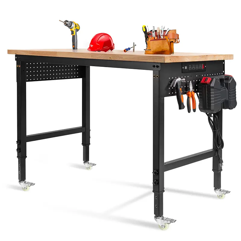 MUWOOD 48"x24" Portable Sturdy Adjustable Steel-Wood Workbench with Wheels, 28"-40" Height, 2000 LBS Load Capacity, Pre-Drilled Holes, ETL Certified Power Outlets, Easy Cleaning, Home Office Desk, Assembly Required for Garage Workshop, Durable