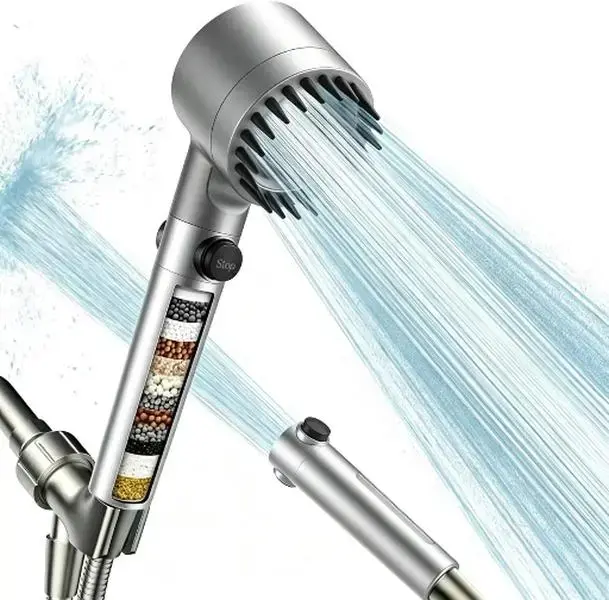 Filtered Shower Head with Handheld, High Pressure Water Flow and Multiple Spray Modes Shower Head with Filter, Power Wash for Hard Water, Showerhead with ON/OFF Switch for Pets Bath (Silver)，Turbo High Pressure Water Saving Shower Head