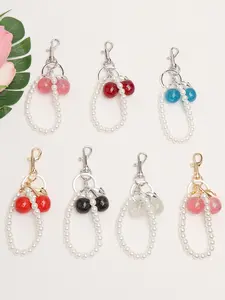 Small Cherry Faux Pearl Floral Pattern Keychain Bag Charm Pendant Car Key Ring, Elegant Ditsy Floral Design, All Seasons Accessory