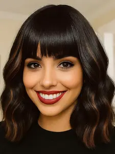 Short Bob Wavy Wig with Bangs for Women, Synthetic Hair Wig Shoulder-Length Black Mixed Brown Wigs, Glueless Beginner Friendly Wigs for Daily Vintage and Costume Party Use（14 Inch）