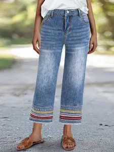 Women's Loose Fit Medium Wash Denim Jeans, Casual All-Season Wear, Plain Design, H-Type Silhouette, Perfect for Daily & Dates, Embroidery
