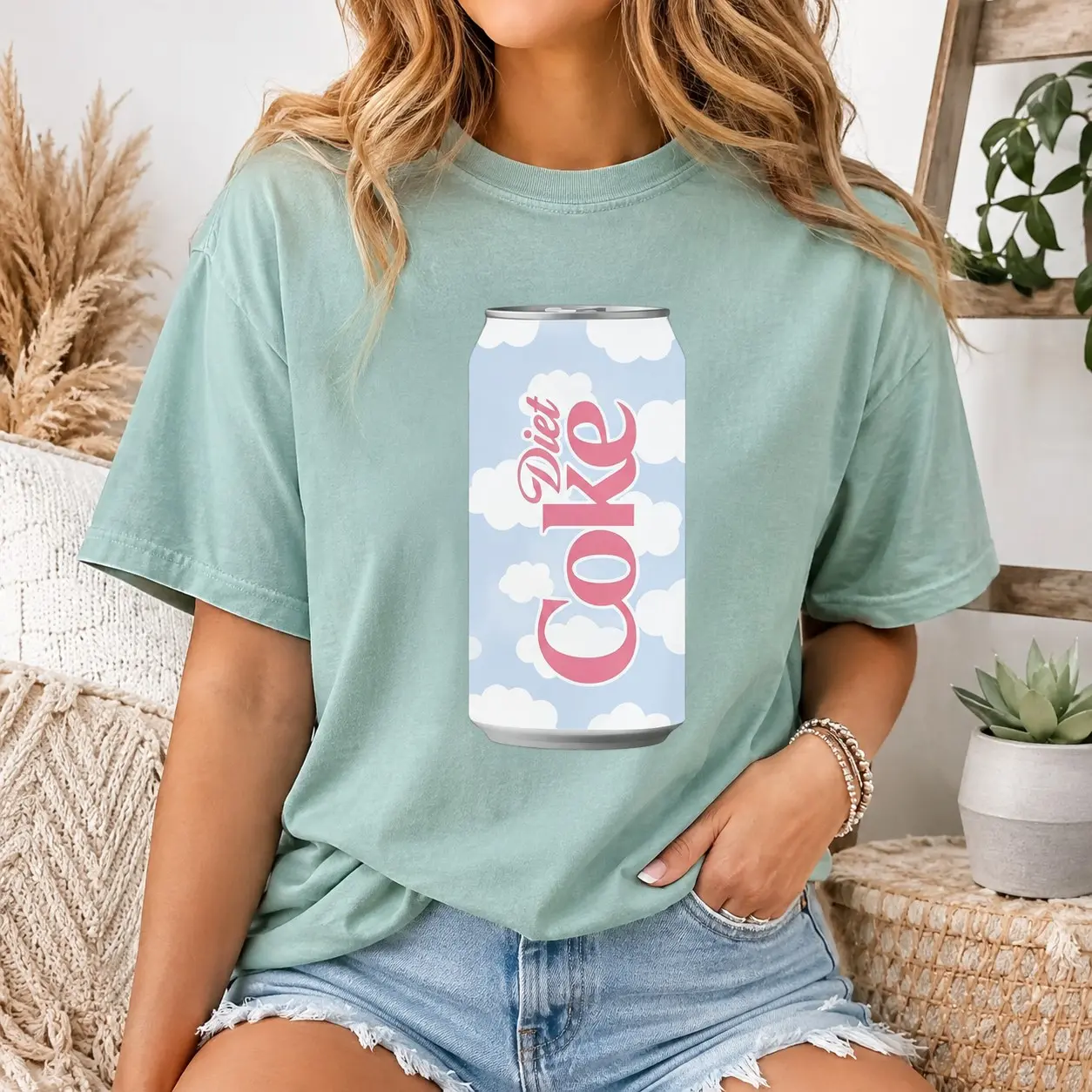 Comfort Colors Diet Coke Can Sky Cloud Pattern Women Vintage Shirts Summer Vacation, Dreamy Soda Spring Short Sleeve Friend Gift