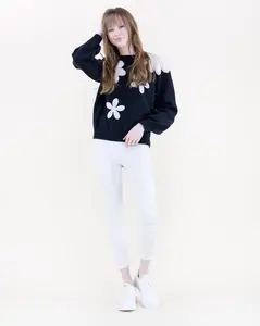 Crochet Embroidered Flowers Crew Neck Sweater - Soft Cashmere-feel Knit, Romantic Feminine Chic, Long Sleeve, Relaxed Fit, Perfect for Casual Outings