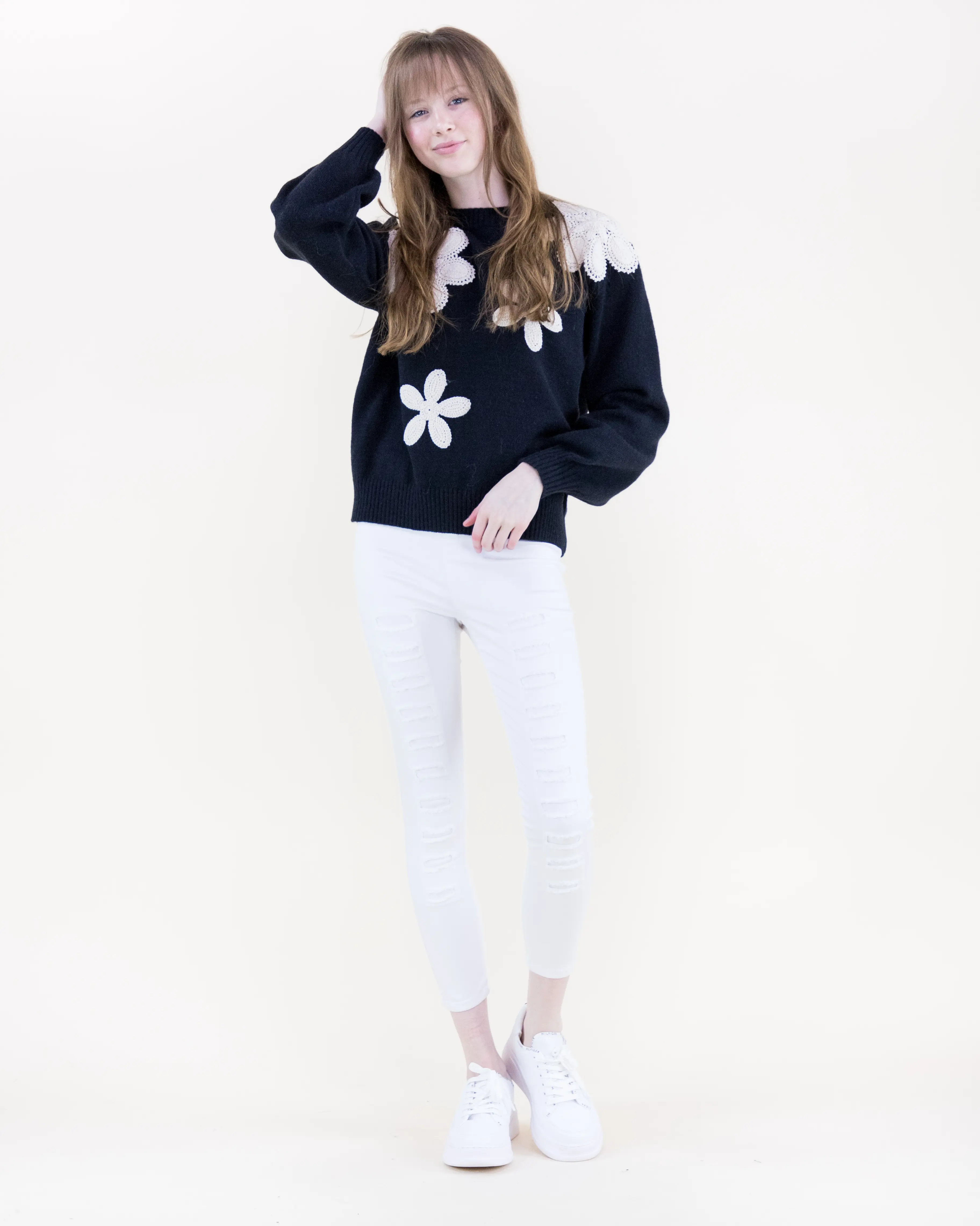 Women's Crochet Embroidered Flowers Crew Neck Knitwear Clothes - Soft Cashmere-feel Fabric, Lightweight Flat Knit, Romantic Feminine, Long Sleeve, Relaxed Fit, Perfect for Casual Outings