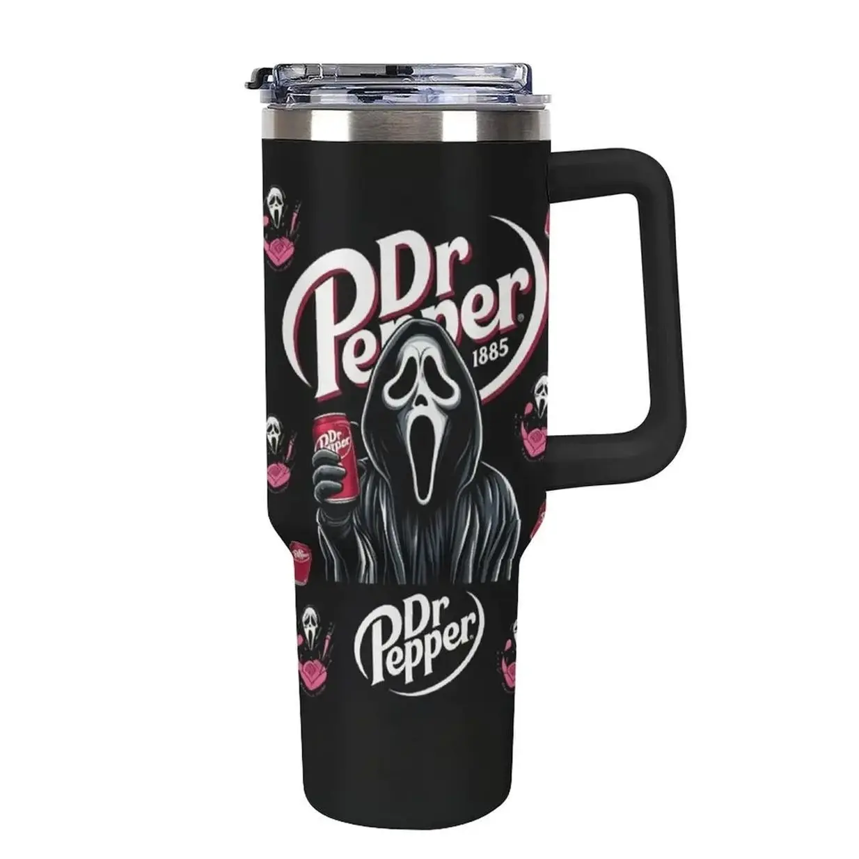 Ghostface Tumbler, 20oz & 40oz Black Stainless Steel Insulated Travel Mug, Scream Horror Movie Design, Dr. Pepper Soda Themed Drinkware, Spooky Fan Art, Perfect for Halloween, Horror Movie Nights