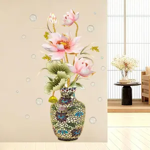 Classical Lotus Flower Vase Wall Decals Watercolor Spring Floral Wall Stickers Decals Large Delicate Flower Peel and Stick Sticker for Living Bedroom Removable Art Decal Wallpaper Decoration