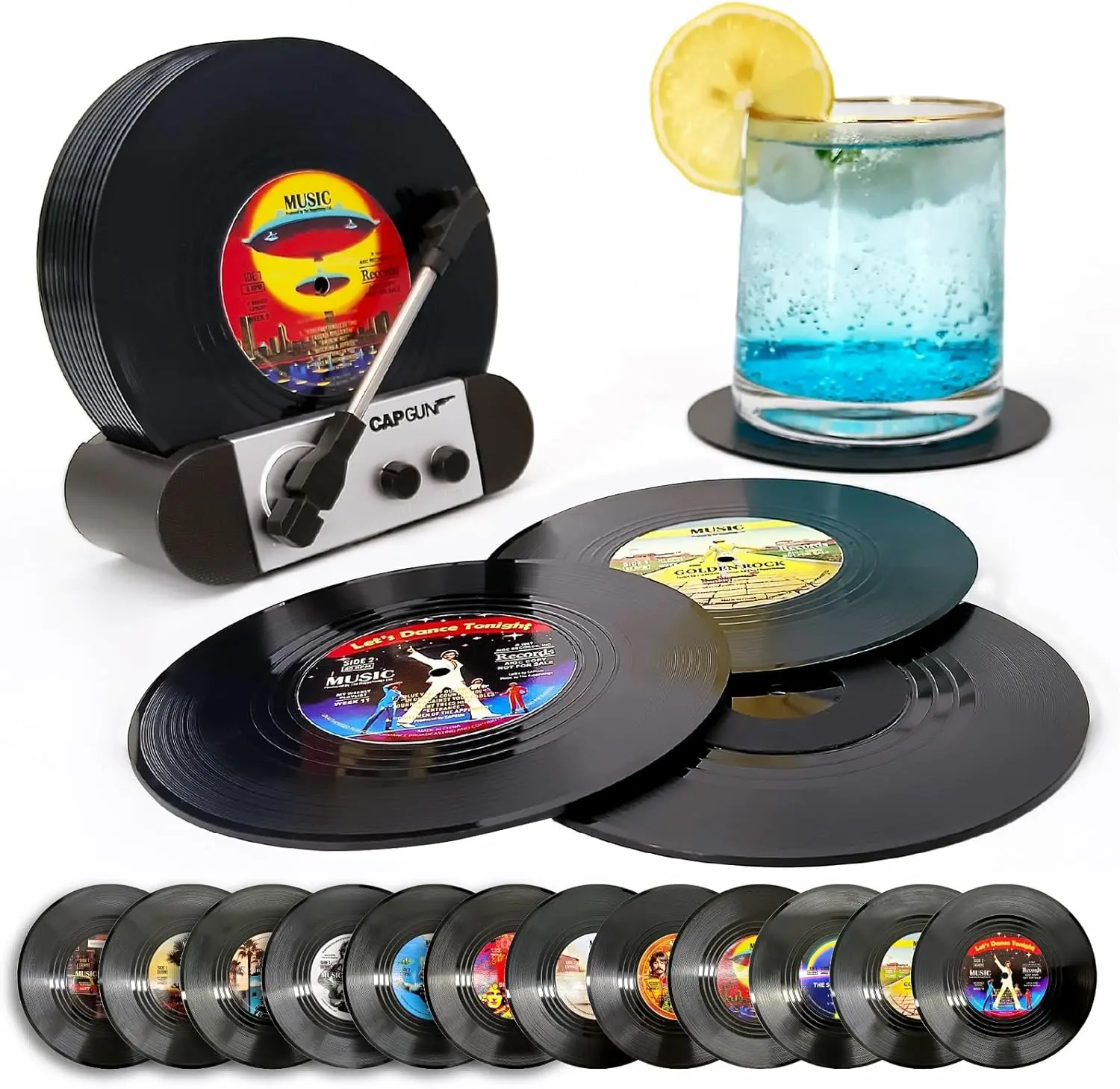 Funny Retro Vinyl Record Coasters, Creative Drink Coasters Set of 12 with Vinyl Record Player Holder for Music Lovers
