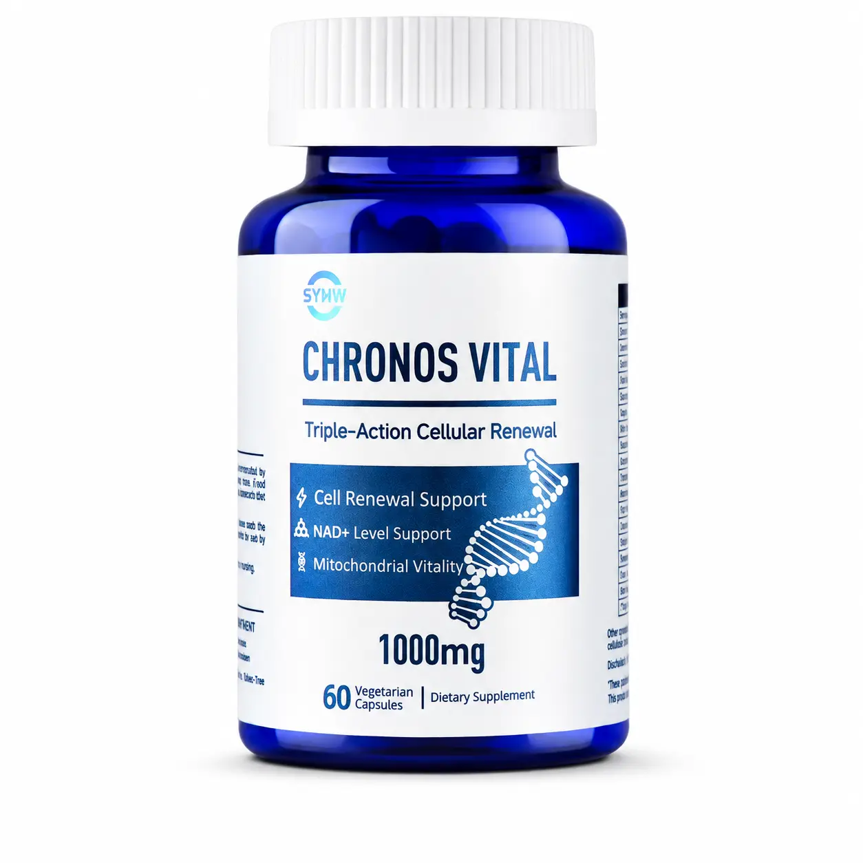 CHRONOS VITAL Anti-Aging Dietary Longevity Supplement Capsules - NAD+ Support, Cellular Renewal, Mitochondrial Vitality, Cellular Energy Supplement, 1000mg Natural Ingredients, 60 Gluten-Free, Dairy-Free, Vegan-Friendly Vegetarian Capsules