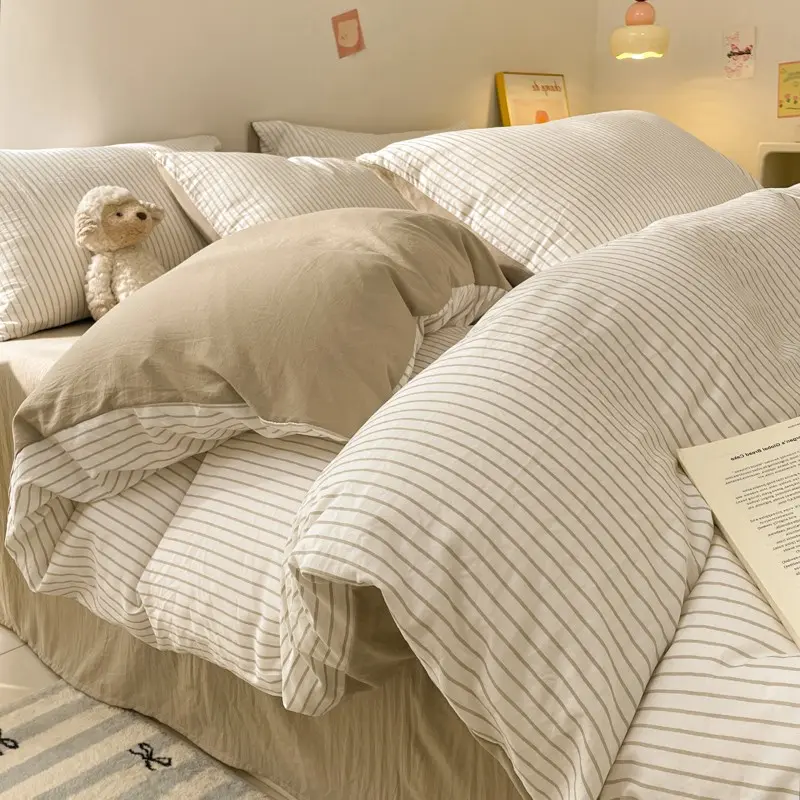 3pcs Fresh Fine Striped Simple Bedding Set, Soft Touch, Easy Care, Includes Fitted Sheet + Pillowcases, Home Essentials, Soft Bedding Sets