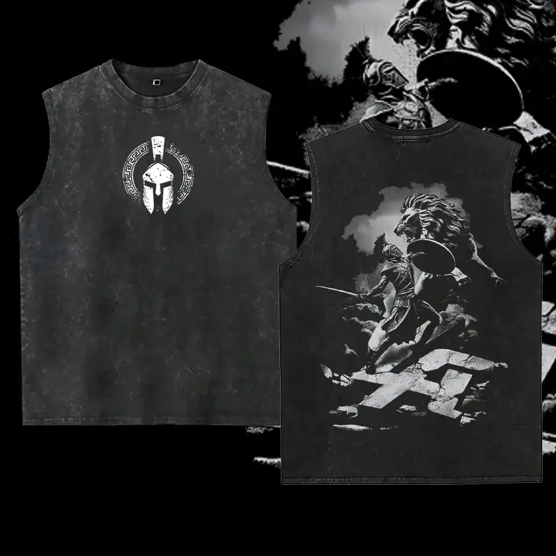 Spartan Lion Washed Tank Top, Gladiator Warrior Graphic Vest, Vintage Sleeveless Streetwear