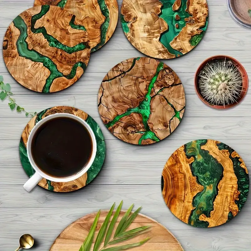 8-piece set of resin patterned wood grain coasters, Wooden Coasters for drinks, Coffee Table Mat, versatile beverage teacup pads, perfect for home and restaurant decoration, holiday gift ideas and housewarming gifts, suitable for parents or friends