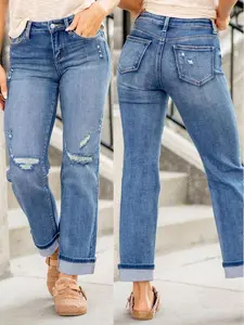 Women's Stretchy Button-Front Ripped Jeans with Rolled-Up Cuffs, Trendy and Fashionable for All Seasons