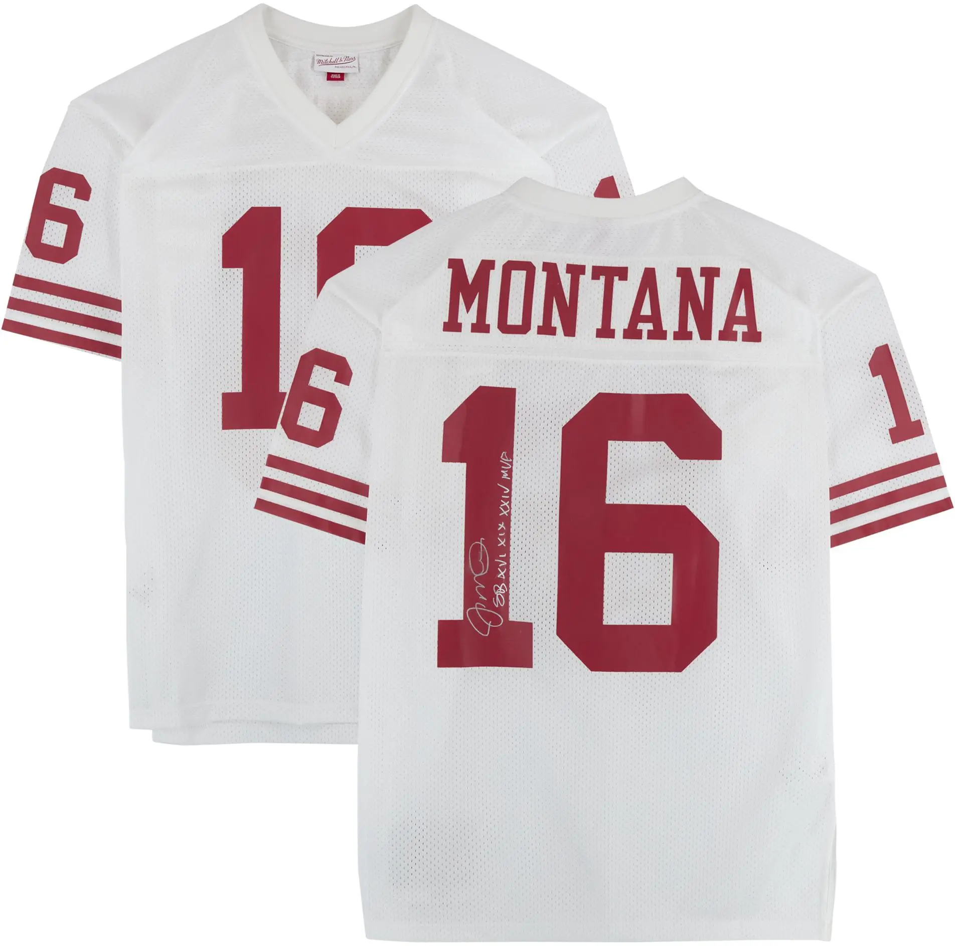 Joe Montana San Francisco 49ers Autographed Mitchell and Ness White Authentic Jersey with "SB XVI-XIX-XXIV MVP" Inscription - Fanatics Authentic Certified