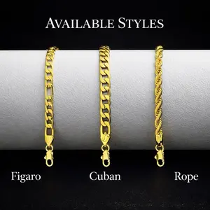 14K Gold Plated Bracelets Hip Hip Hop Fashion Men Bracelet Rope Figaro Link or Cuban Curb Bracelet Classic Textured Eye-Catching Jewelry