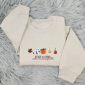 Just a Girl Who Loves Fall Embroidered Sweatshirt, Cozy Autumn Crewneck Sweatshirt, Pumpkin Spice Embroidery, Fall Aesthetic Sweater
