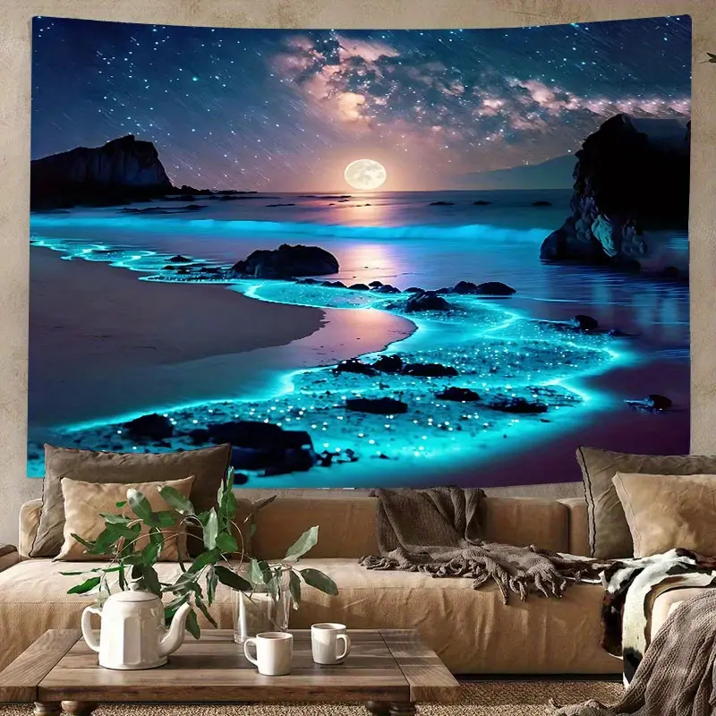 1 Sheet Polyester Blue Ocean and Moon Print Tapestry - Home Bedroom Decor Indoor Wall Hanging for Bedroom, Dorm | Free Accessories Included, Indoors