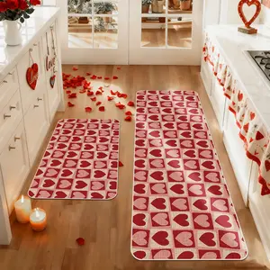 Valentine's Day Kitchen Mat Set 2 Pieces, Kitchen Rugs Sets, Heart Plaid Pattern, Romantic Velvet Mats, Perfect for Anniversary, Wedding Party, Home Decor Valentine's Day gifts