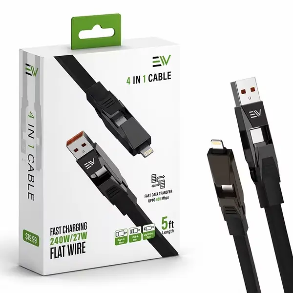 Electronic World Electro 4-in-1 Fast Charging Cable, 240W USB-C PD, Lightning & USB-A Multi Charging Cable, 5FT Braided Flat Cable Alloy Aluminium Connector Durable