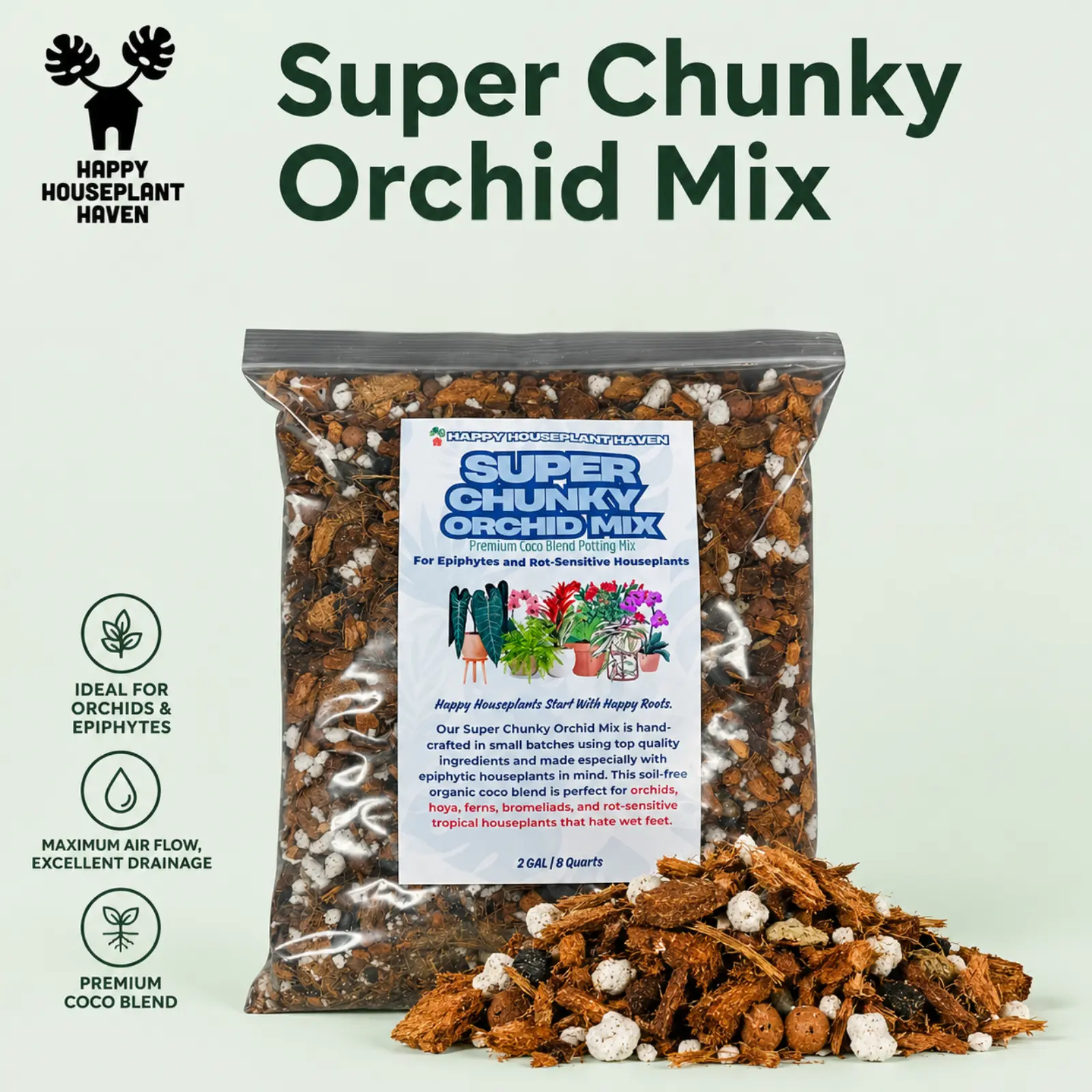Happy Houseplant Haven Super-Chunky Planting Mix - Peat-Free, Hand-Packed Potting Soil Mix for Aroids, Orchids, Potting Soil Mixes