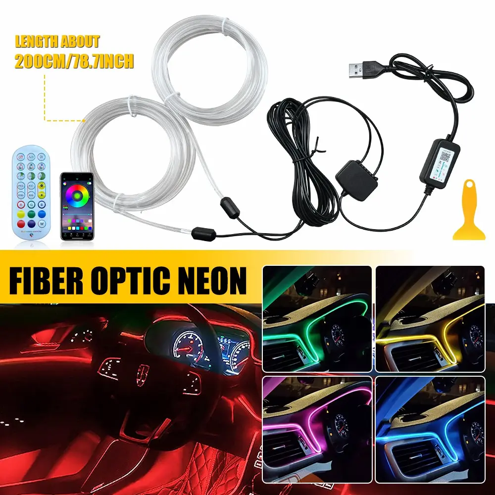 LED Neon Light Trim Glow Optic Fiber Strip Car Interior Ambient Lighting-Kit-APP