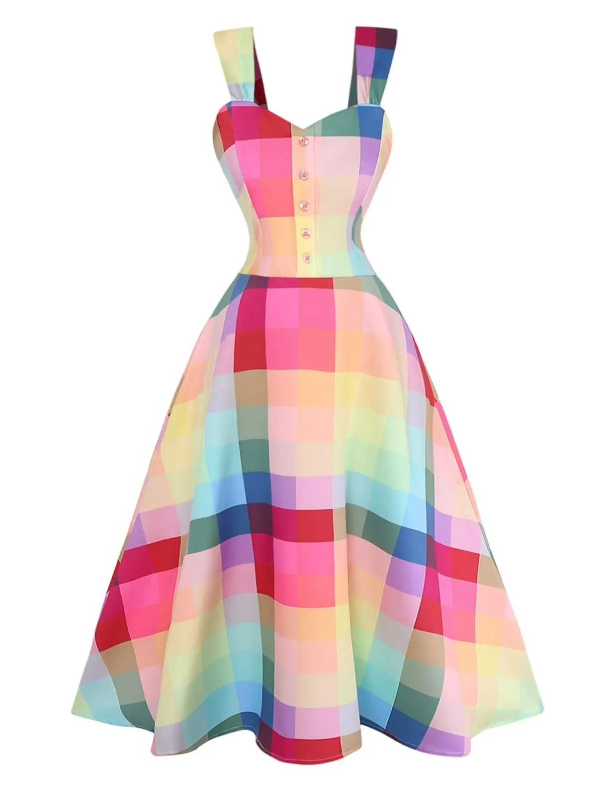 RETRO STAGE Women's 1950s Heritage-Inspired Old-Fashioned Checkered Casual Dress, Strappy Wide-Strap Sleeveless Colorful A-Line Dress, Checkered Casual Dressessummer dresses vacation outfits