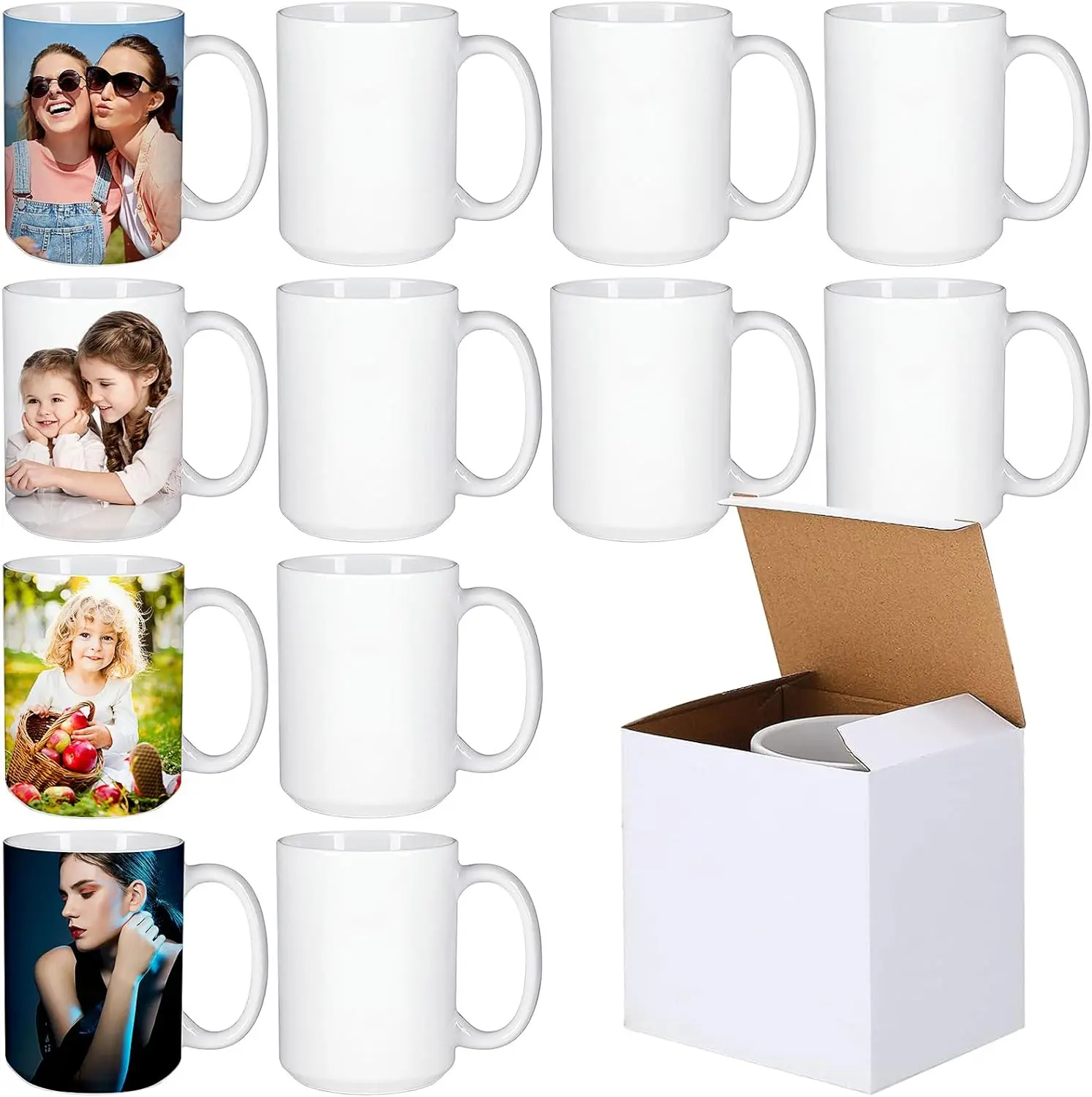 24-Piece 15oz Ceramic Coffee Cup Set, Father's Day Gift Round Bottom Mugs with Handle - White Blank Surface, Sublimation Ready, Reusable Washable Kitchenware Drinkware