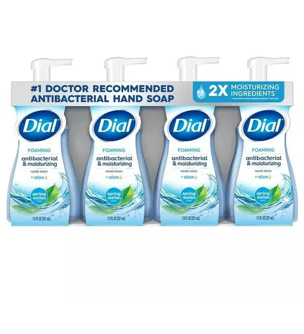 Dial Antibacterial Foaming Hand Soap, Moisturizing Formula with Aloe, Spring Water Scent, 7.5 fl oz Bottles, Pack of 4, Moisturizer, Hydrating, Germs-Fighting, Youth, Aloe-Based Hand Wash, Antibacterial Formula, Hand Cleaning Product, Benzethonium Chlorid