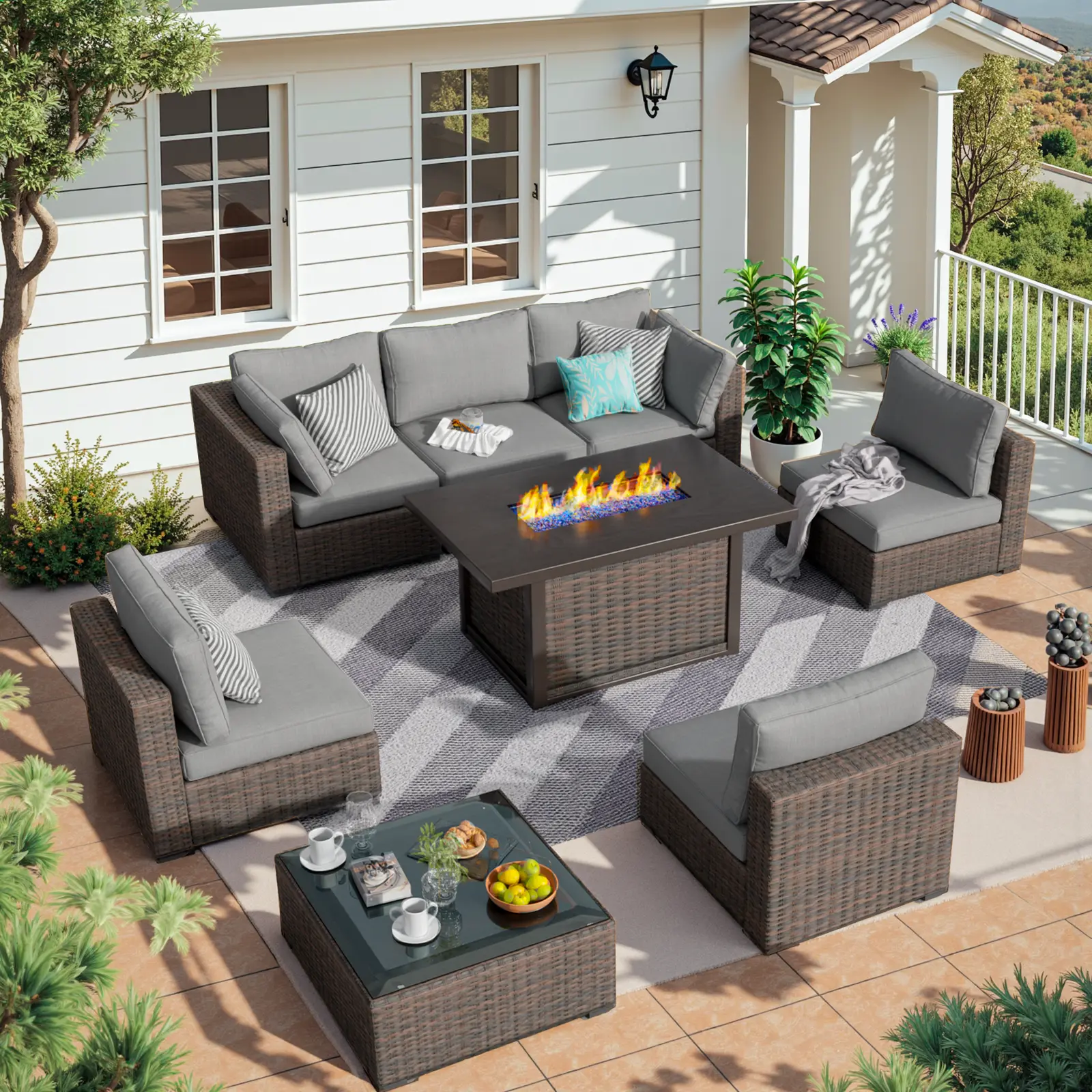 Gaptainer 8-Piece Stable Sturdy All-Weather PE Rattan Outdoor Furniture Set - Sectional Sofa Couch with Fire Pit Table, Glass Top, No-Slip Cushions for Garden, Backyard, Deck | Outdoor Dining Set